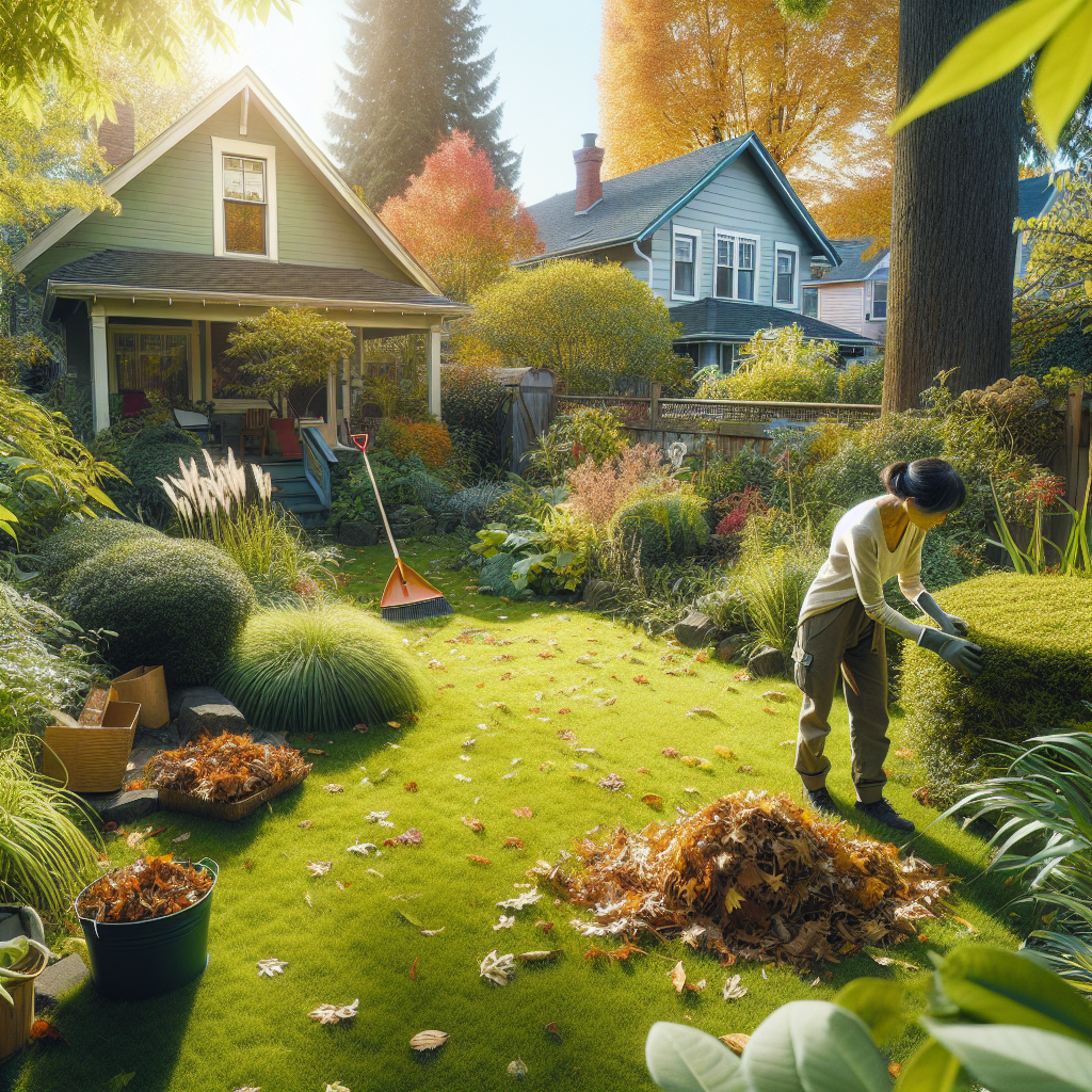 Yard clean-up in Portland with tasks like leaf removal and pruning depicted in a realistic manner.