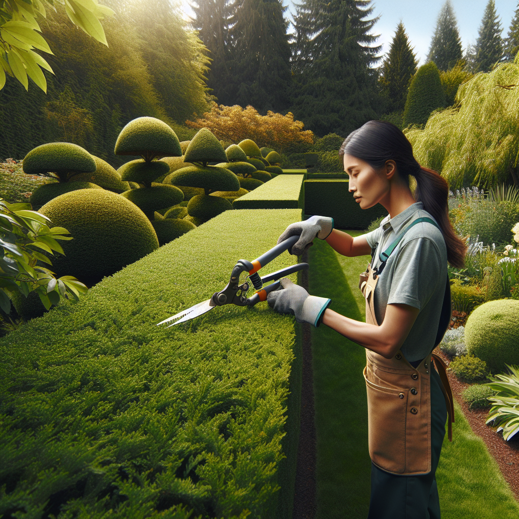 A gardener trimming a well-manicured hedge in a lush garden in Portland.