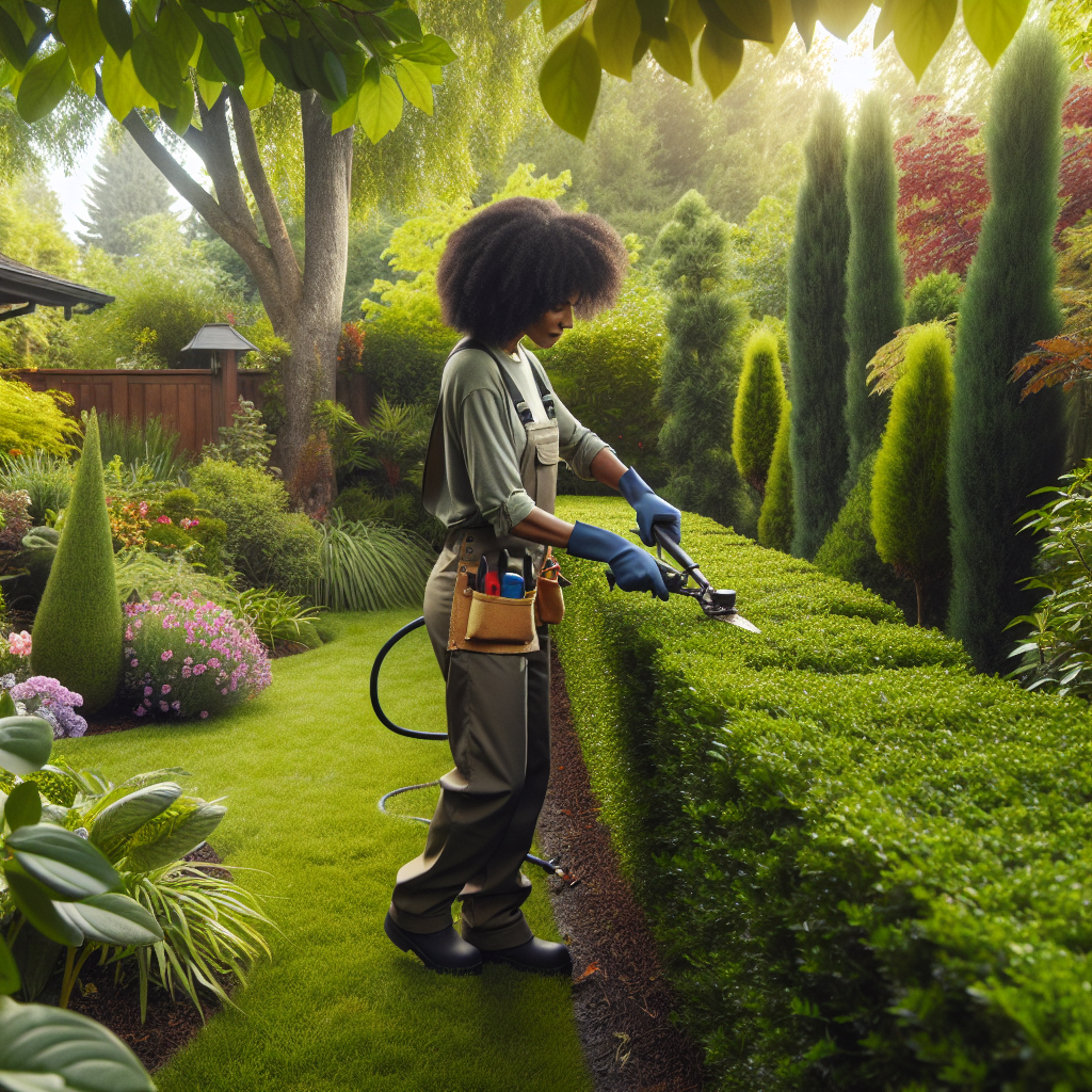 Professional gardener trimming a well-manicured hedge in a lush, green yard in Portland.