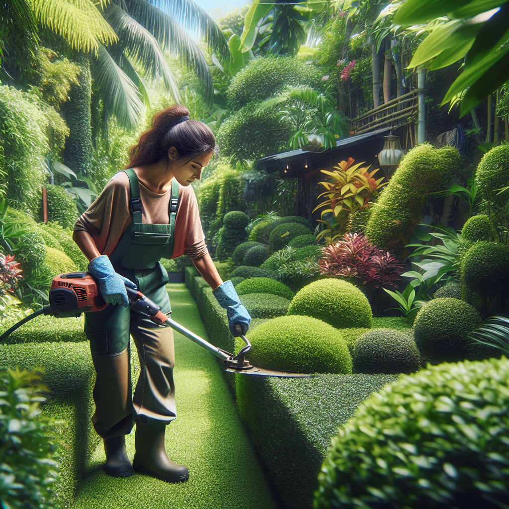 A worker performing hedge trimming in a lush, green Portland yard using professional tools.