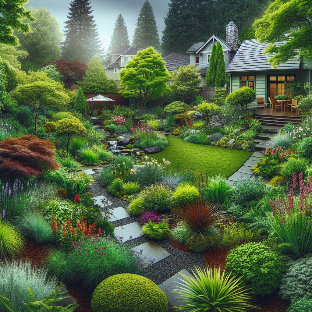 A realistic image of a residential garden in Portland with lush greenery, native plants, and eco-friendly landscaping elements.