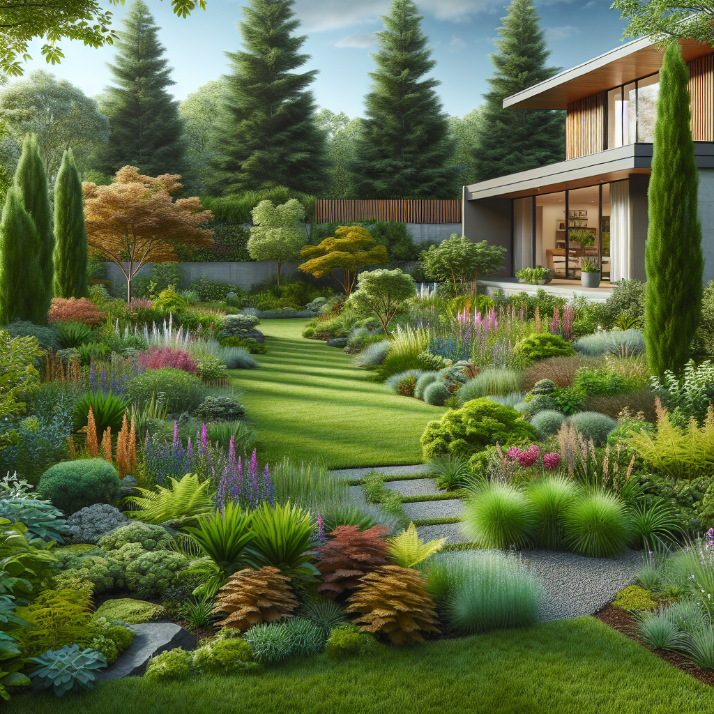 Modern Portland residential landscape design with lush greenery and eco-friendly features.