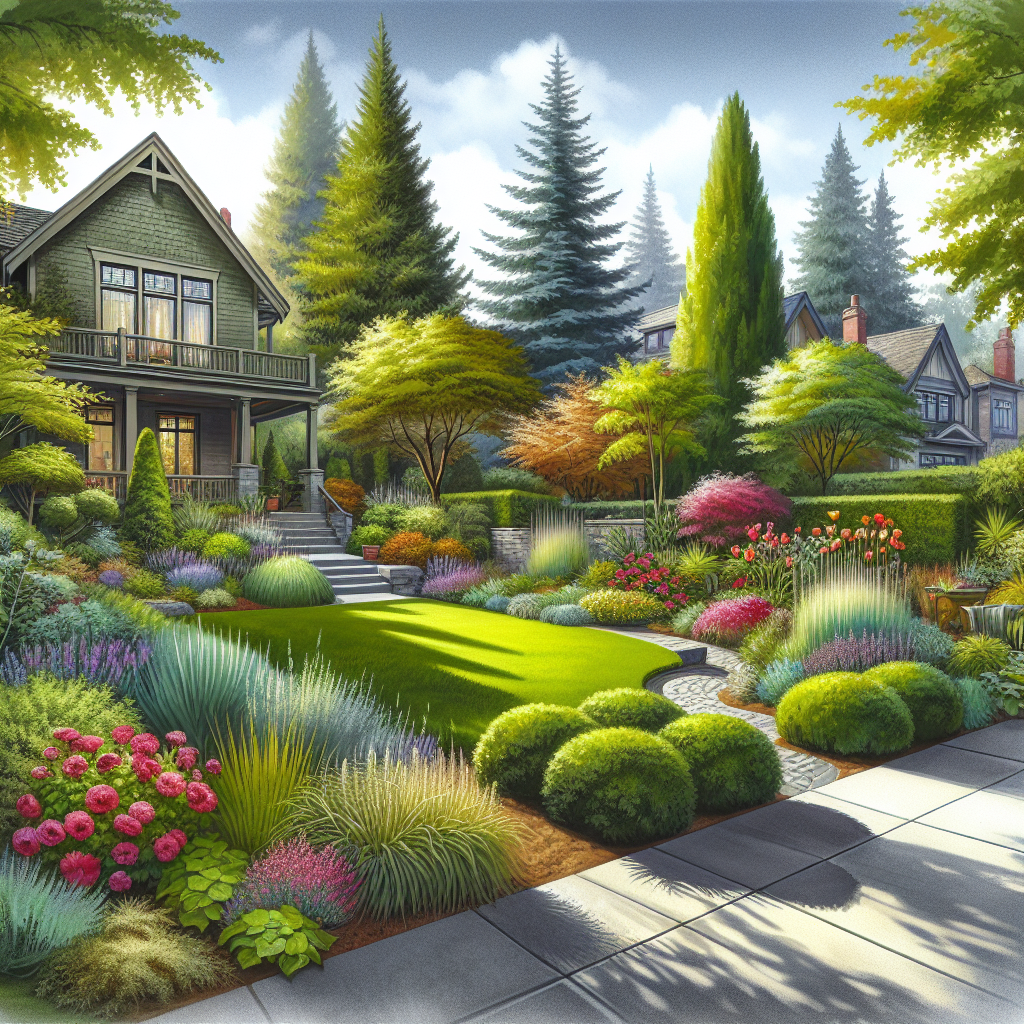 A realistic image of a Portland residential landscape with eco-friendly elements and vibrant greenery.