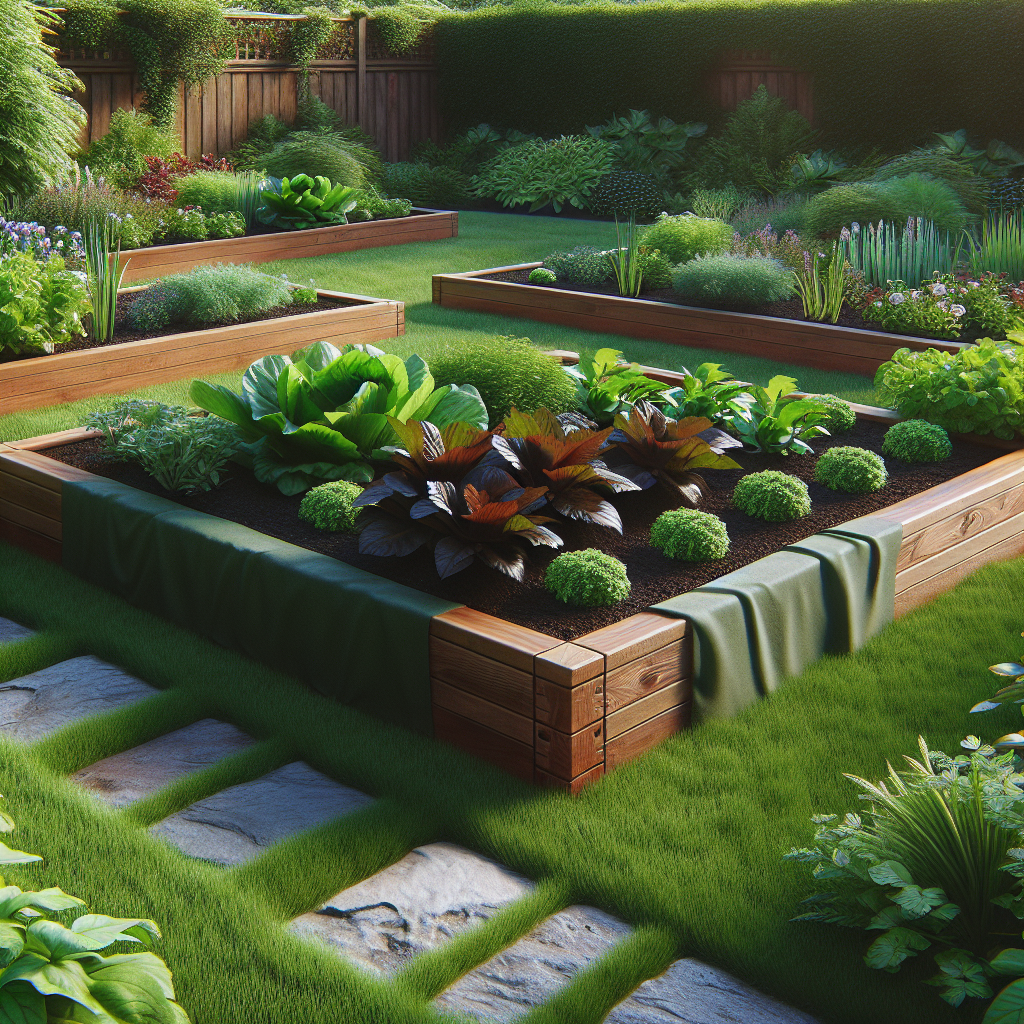 A custom cedar wood garden bed in a Portland backyard with thriving plants and stone pathways on a sunny day.