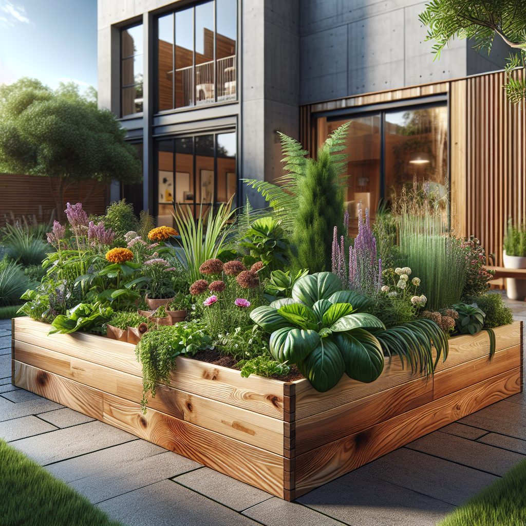 A custom cedar wood garden bed in an urban backyard, filled with a variety of plants and flowers, with a modern house in the background.