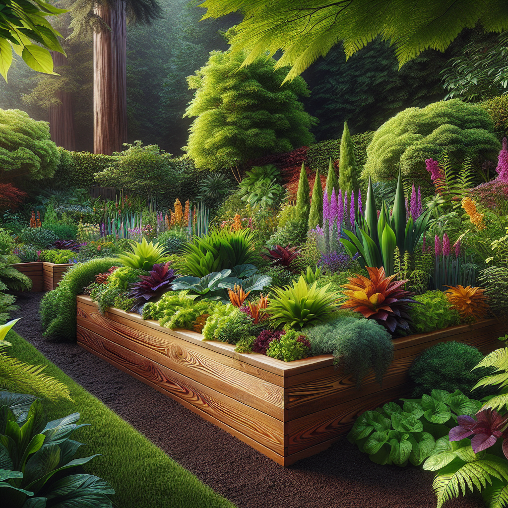 A custom cedar wood garden bed in a lush, vibrant garden in Portland.