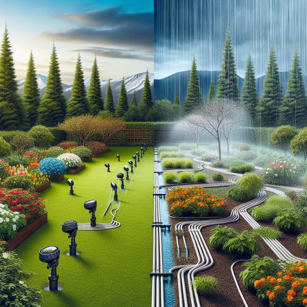 A realistic depiction of a Portland garden with efficient irrigation system, showcasing lush green lawn and vibrant flower beds maintained through visible irrigation pipes and sprinklers.