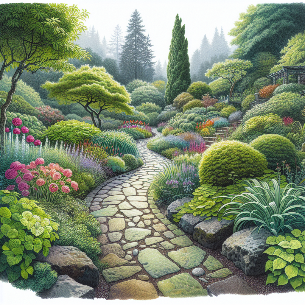 A winding natural stone garden path in lush greenery, showcasing Portland's landscaping beauty.