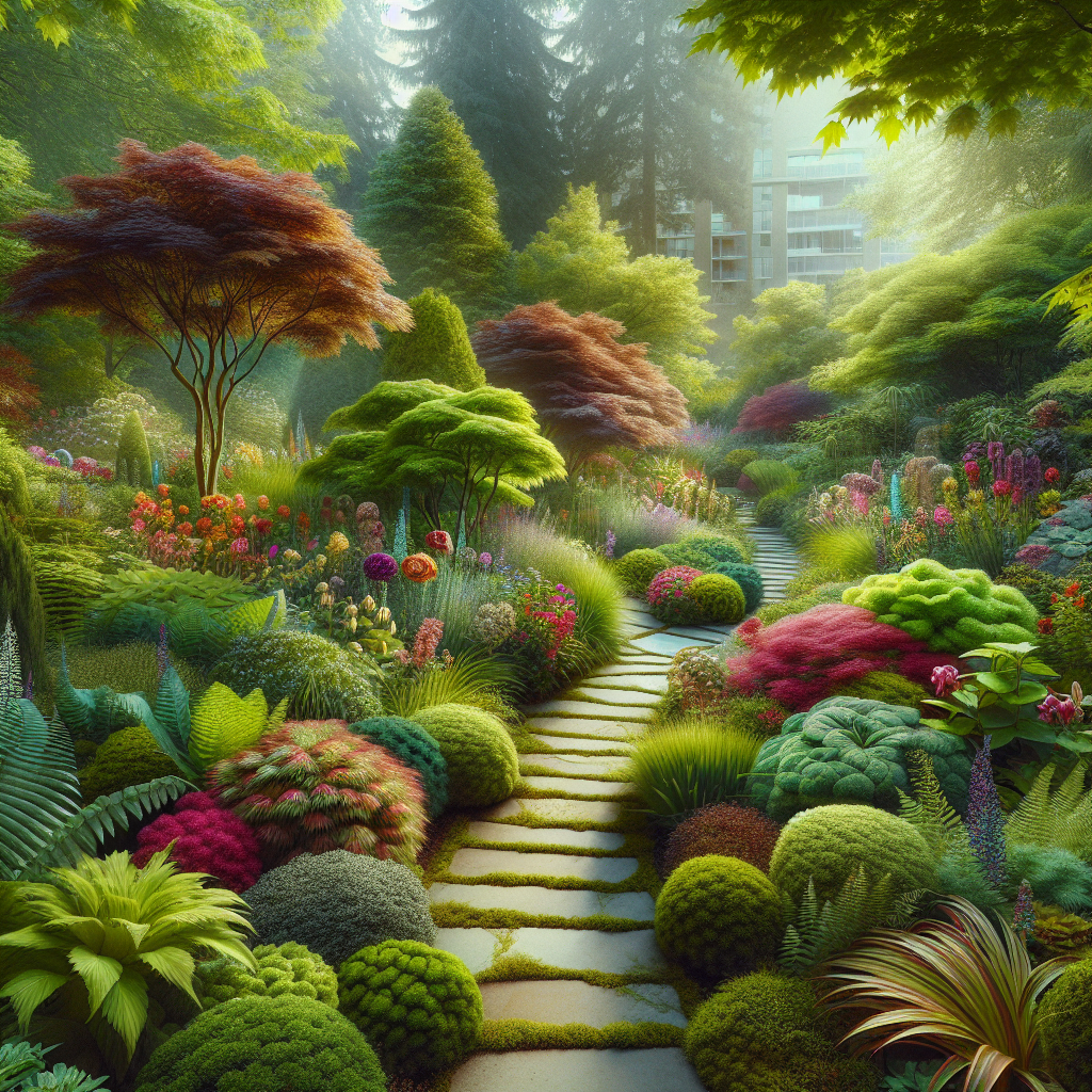 A realistic depiction of a lush Portland garden with a winding stone path surrounded by vibrant plants and flowers.