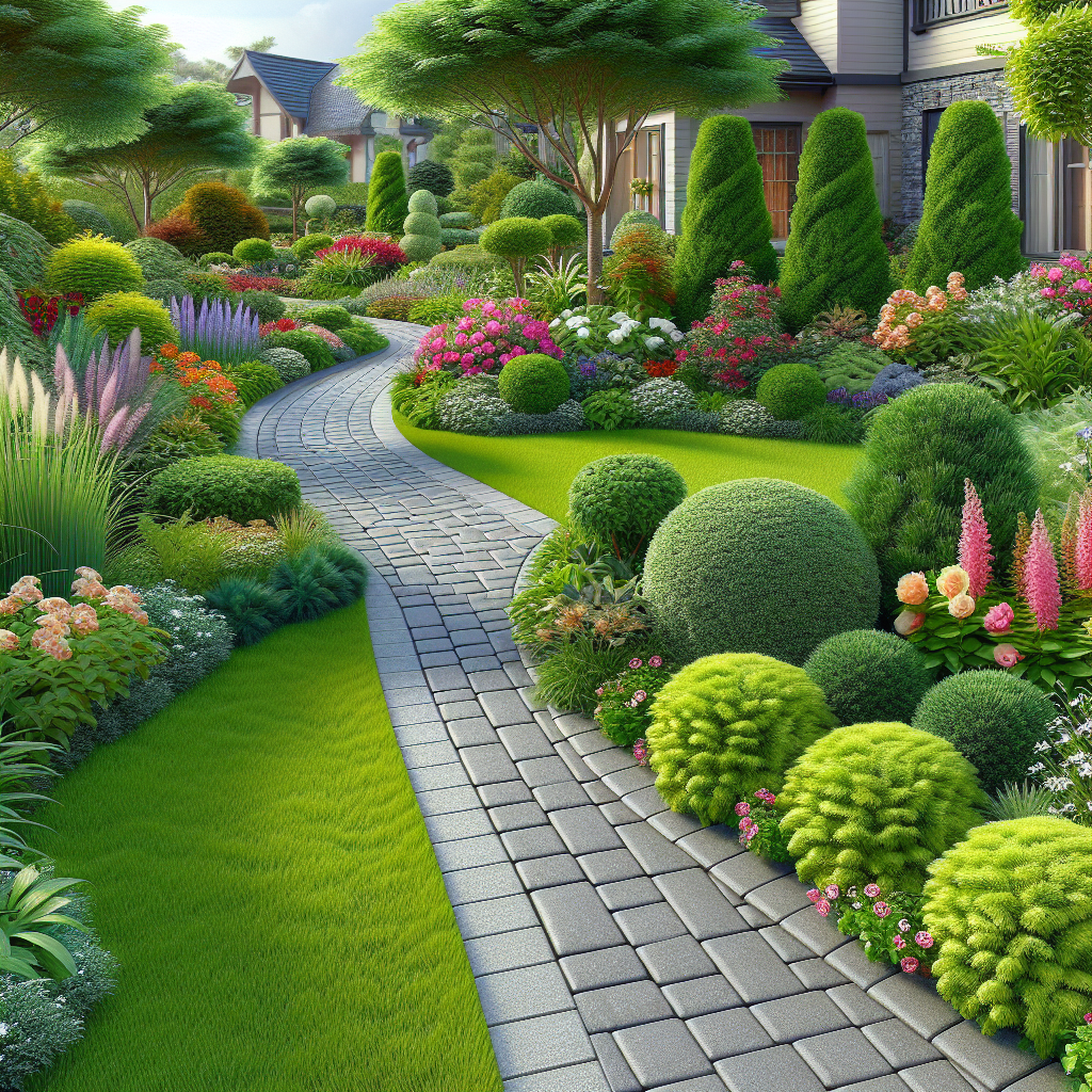 A professionally landscaped garden with a pathway leading to a home.