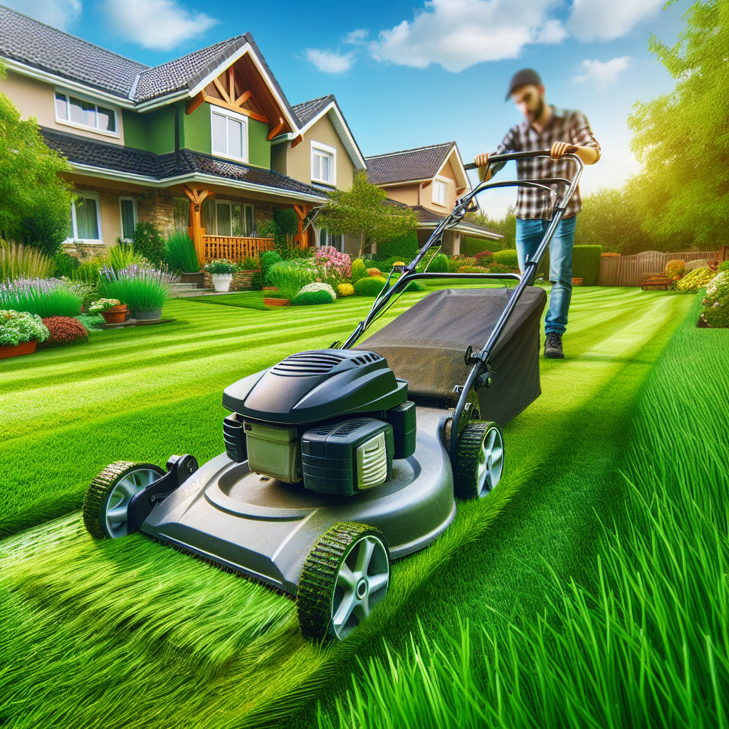 A residential lawn being mowed with a realistic aesthetic.