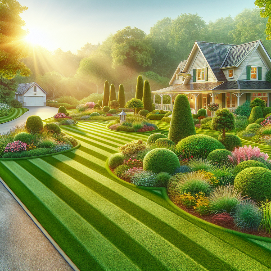 A neatly mowed residential lawn with vibrant green grass and a cozy home in the background.