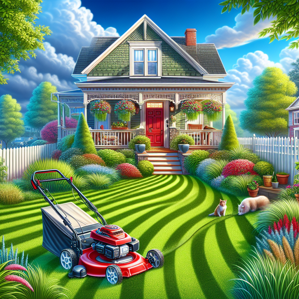 A sunny front yard scene with a lawnmower mowing the vibrant green grass, a house with red door in the background, and a picket fence.