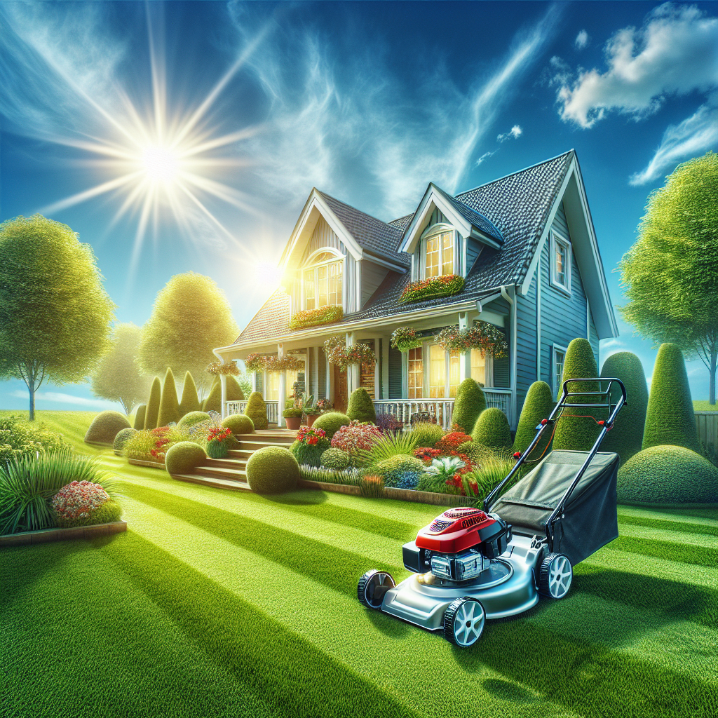 A sunny suburban scene with a lawn being mowed, featuring a red lawnmower, a neat house, and flowering bushes.