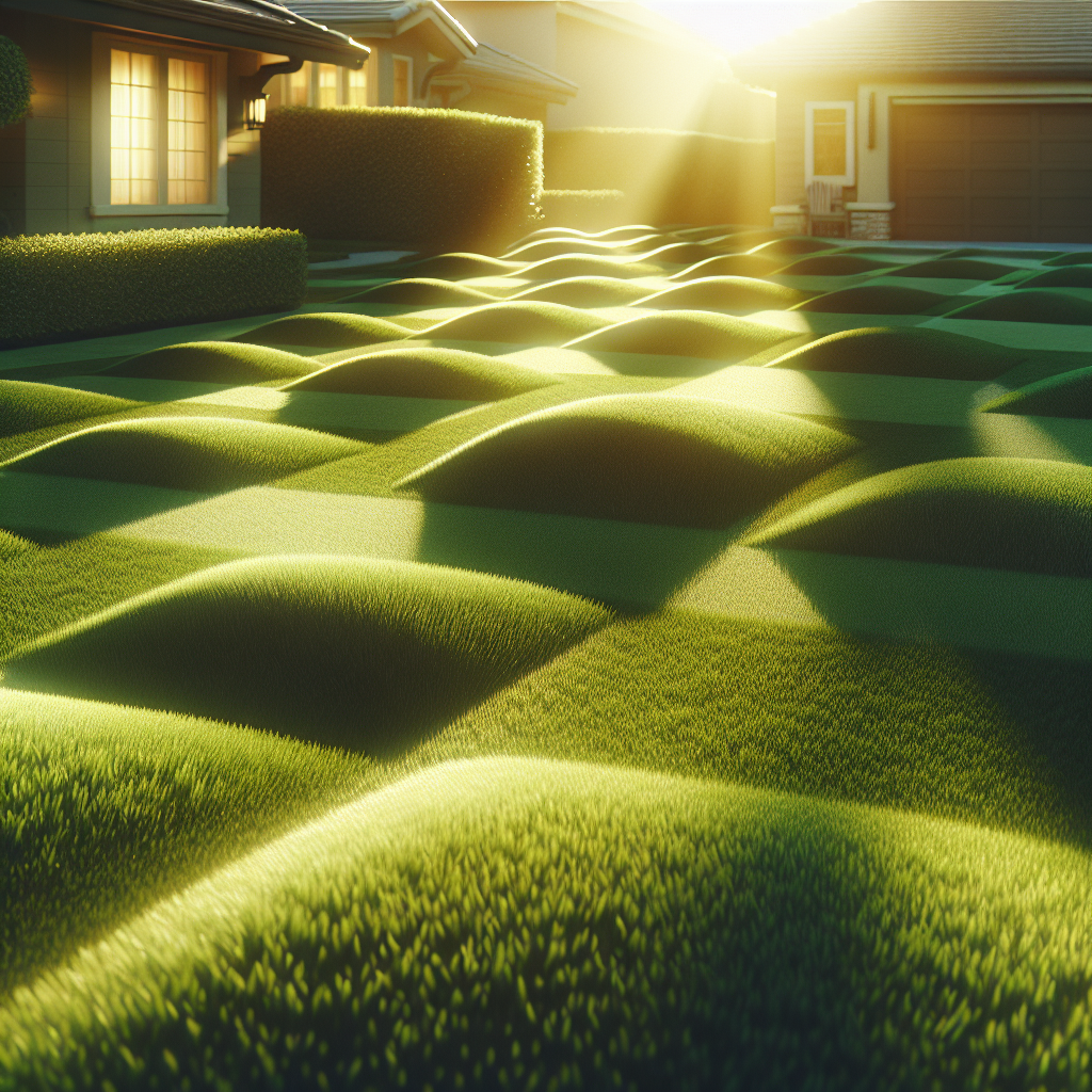 A neatly trimmed residential lawn with visible cutting patterns on a sunny day, highlighting the lush greenery.