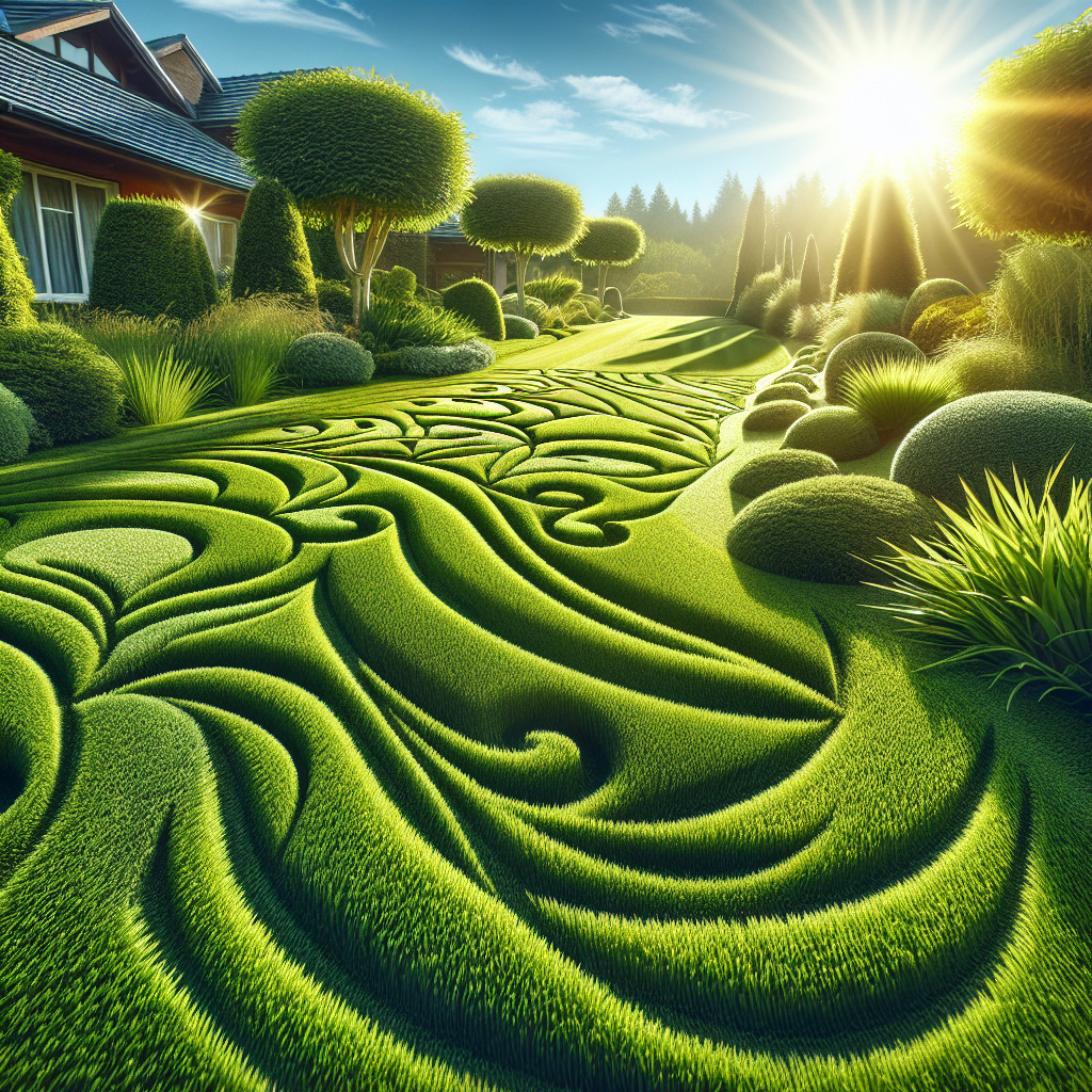 A sunny day view of a neatly trimmed lawn with precise cutting patterns.