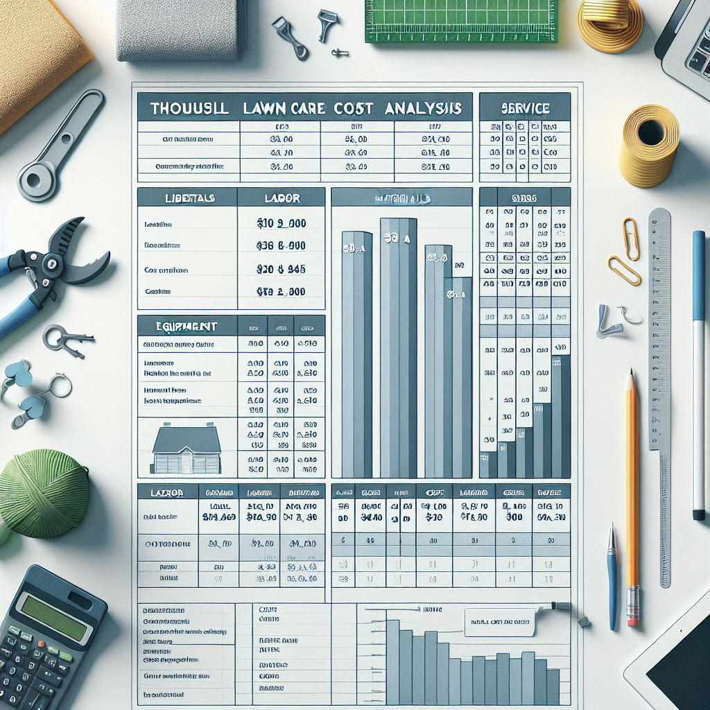 Realistic financial report style image of a lawn care cost analysis chart with visual data representations.