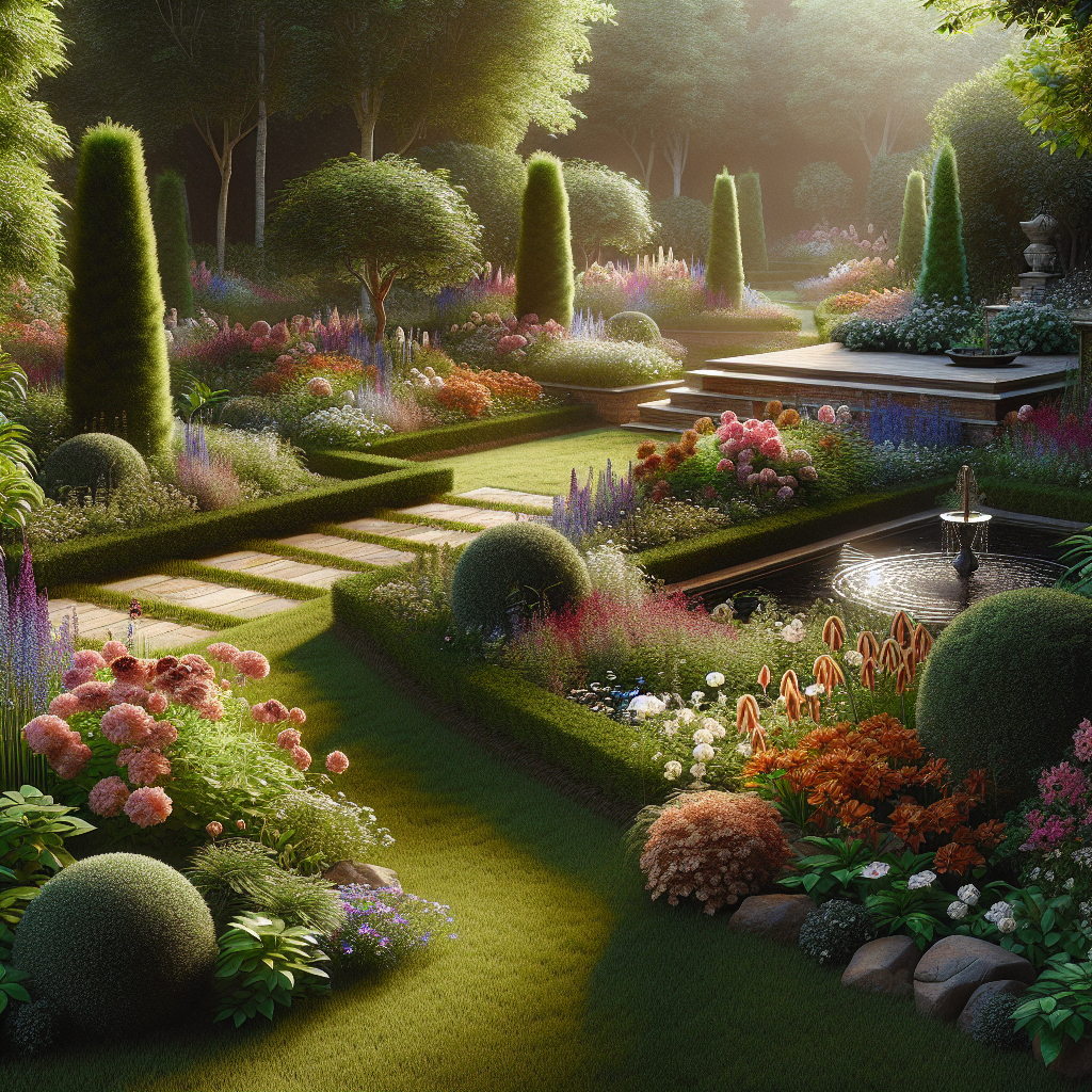 A realistic, detailed landscape design featuring a variety of plants and garden elements.