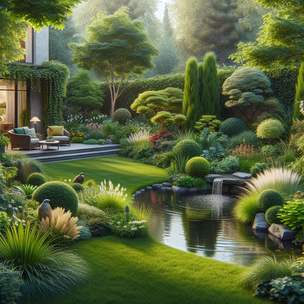 A tranquil landscaped yard with a variety of plants, a manicured lawn, a water feature, and a cozy sitting area, in a realistic style.