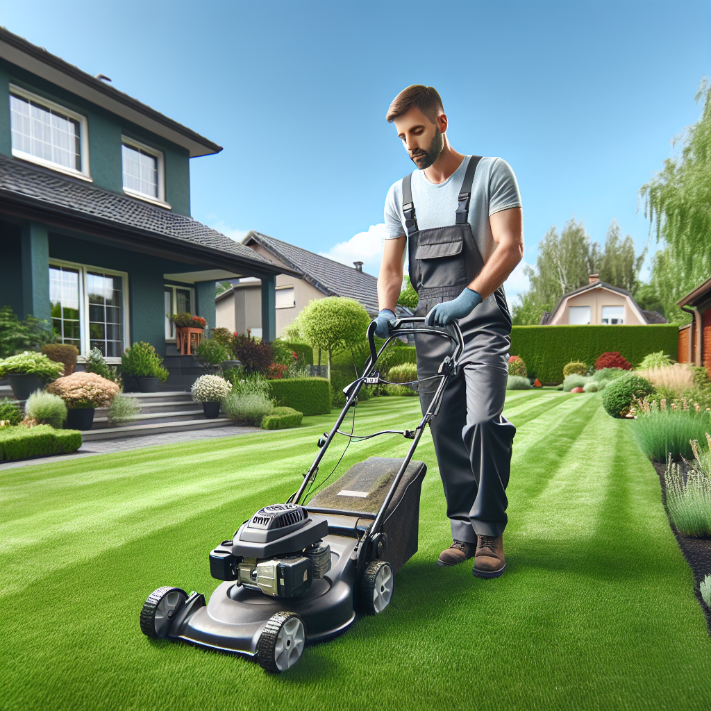 A realistic scene of lawn care service showing a worker mowing a vibrant green lawn with a modern lawn mower, in front of a suburban home.