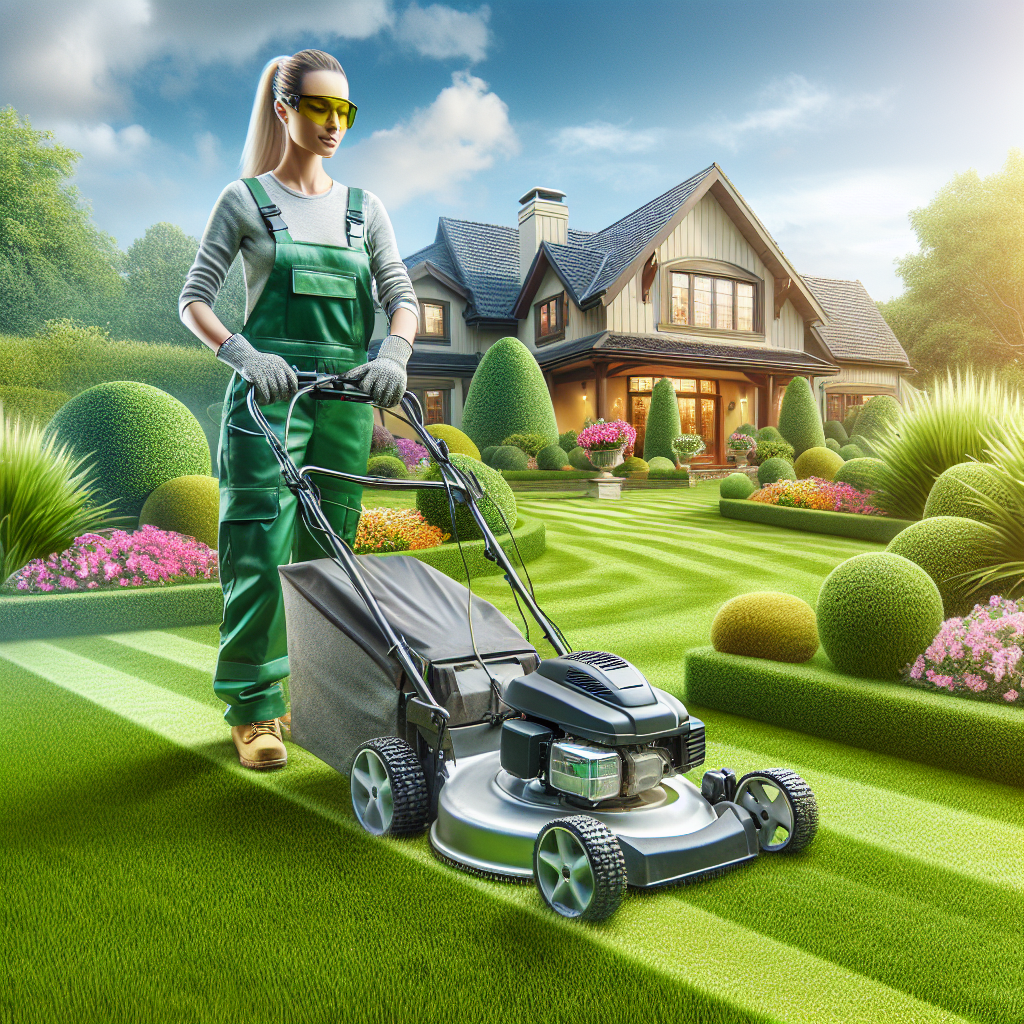 A realistic image of a professional lawn care service maintaining a lawn in front of a residential house.