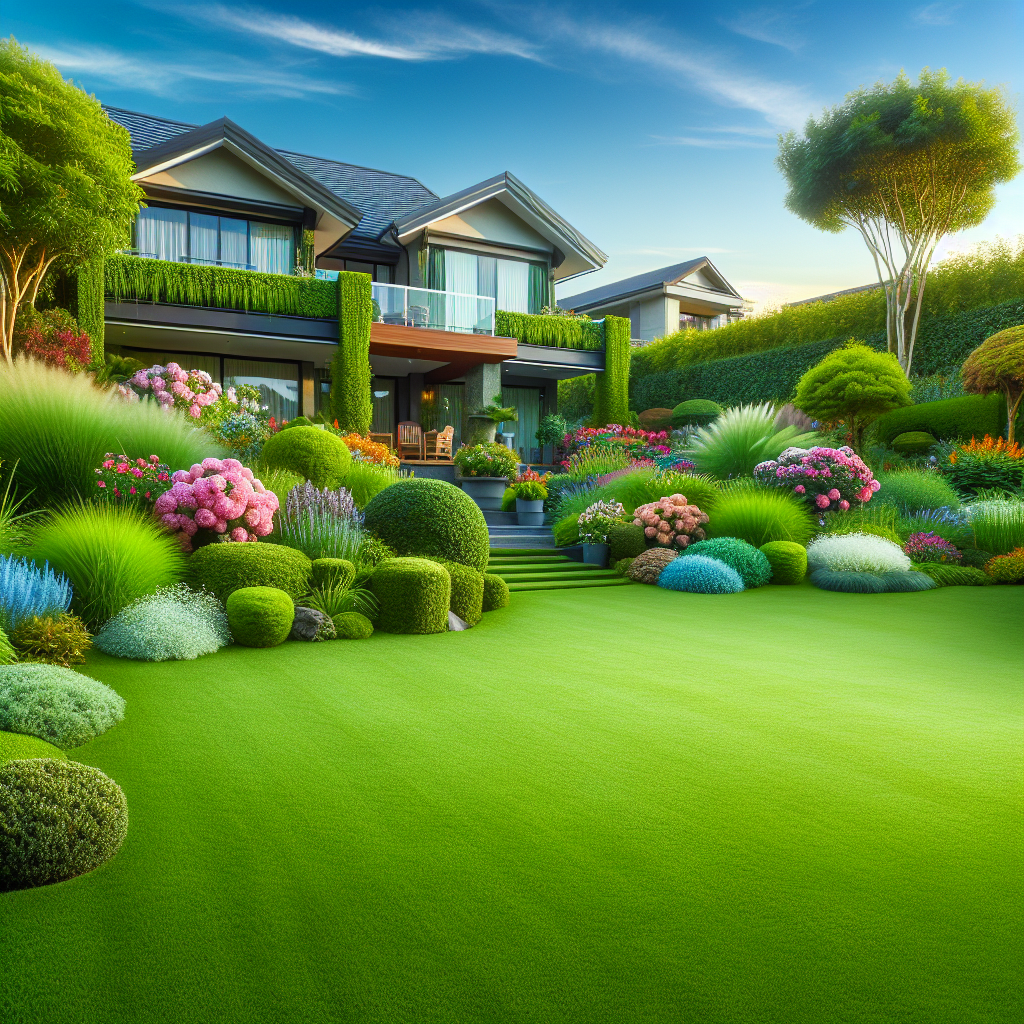 A lush green manicured lawn with a variety of colorful shrubs and flowers, representing residential lawn care services.