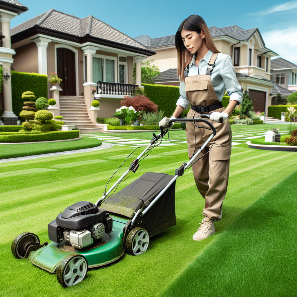 A landscaper mowing a well-kept residential lawn with clear distinction between mowed and unmowed areas.