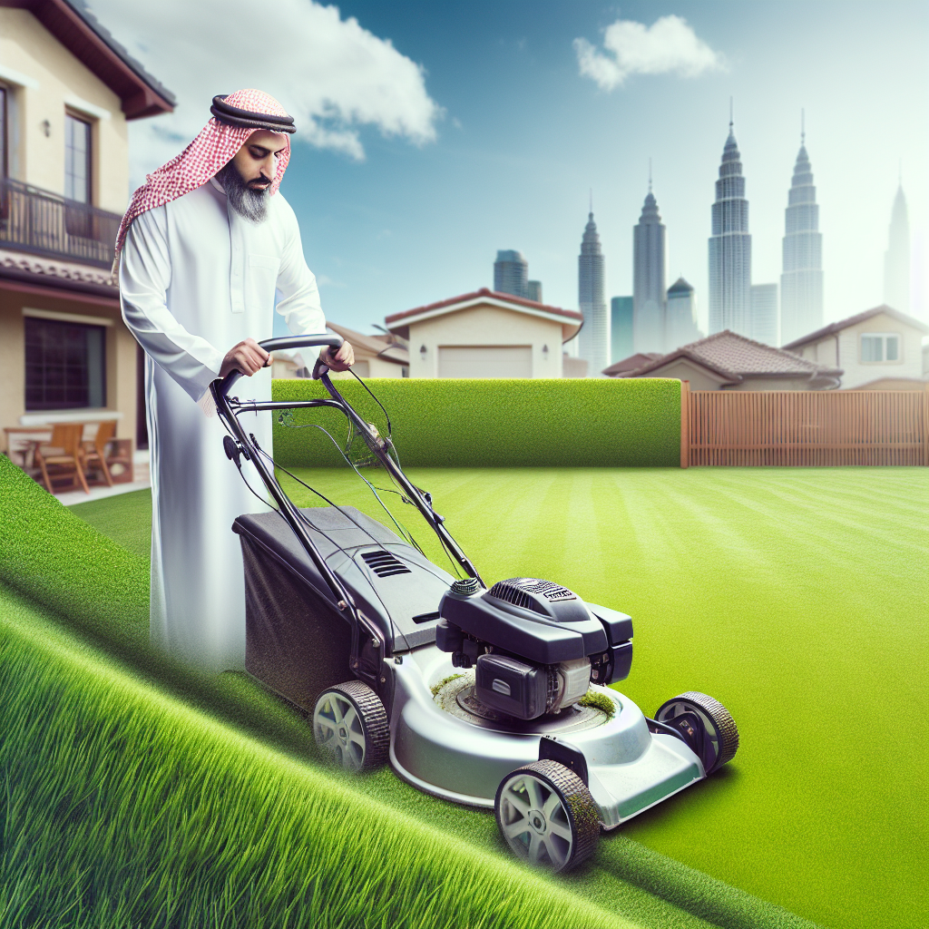 A professional landscaper using a lawn mower on a well-kept residential lawn, with a clear contrast between mowed and unmowed grass.