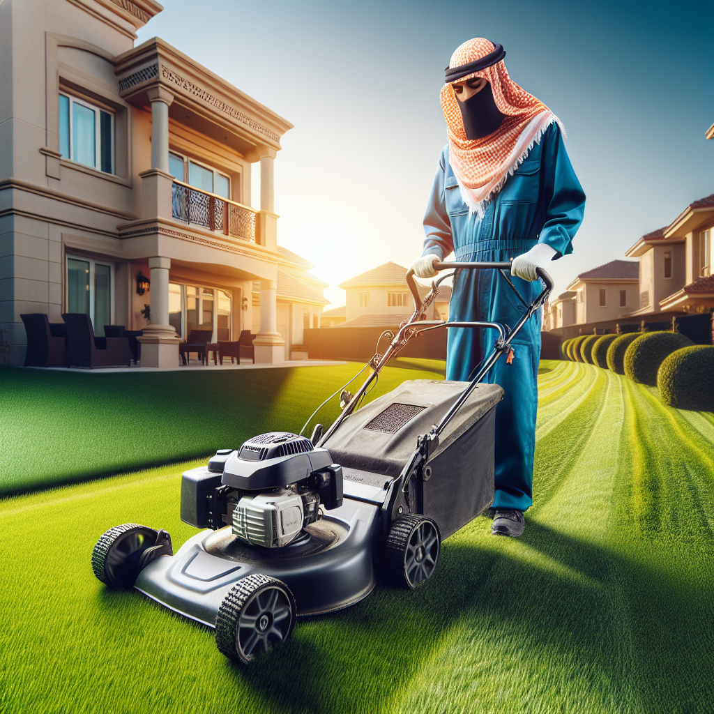 A professional landscaper mowing a residential lawn, highlighting the contrast between mowed and unmowed grass.