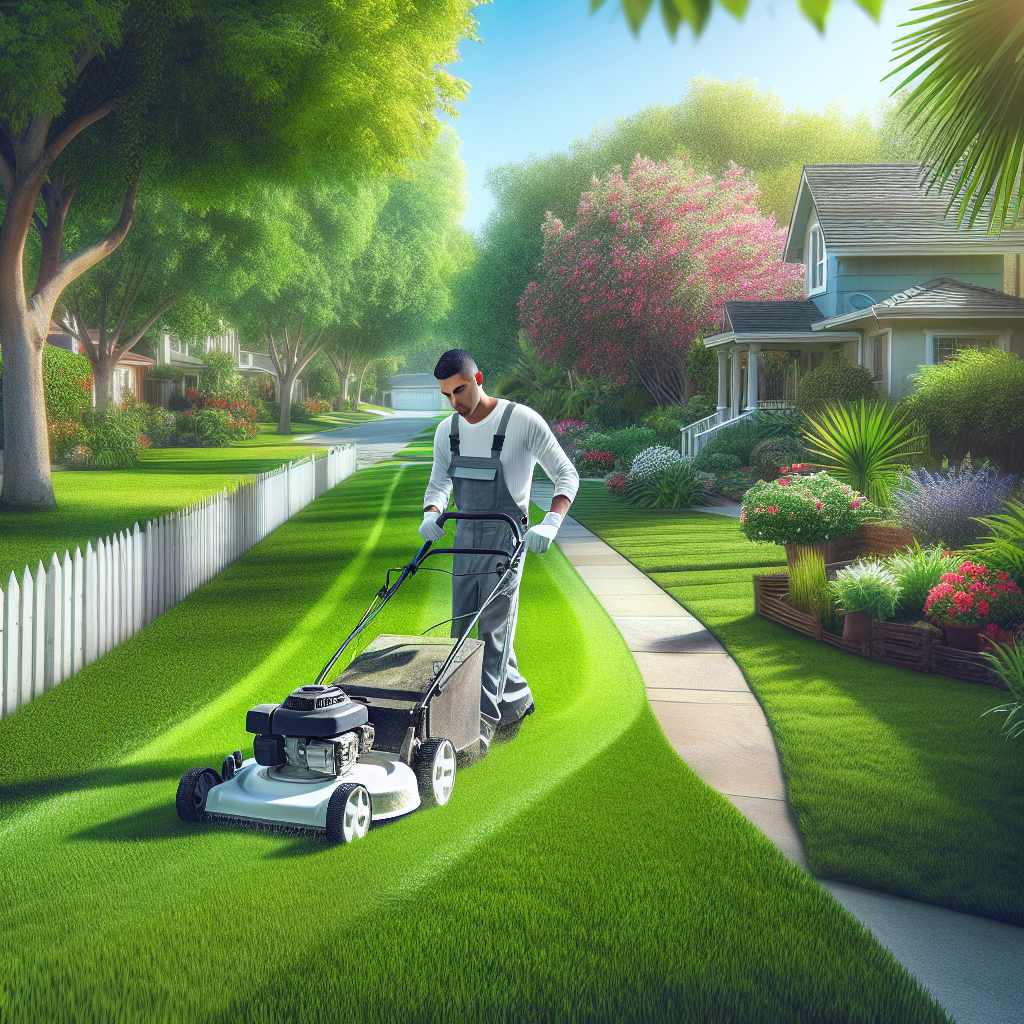 A landscaper mowing a well-maintained residential lawn.