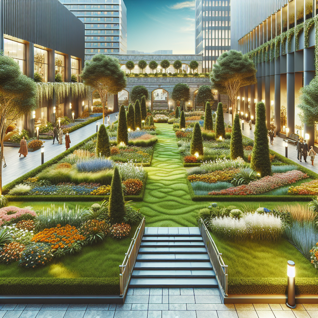 An artistic interpretation of a professional commercial landscape design similar to the image sourced from the provided URL, featuring a harmonious blend of horticulture and modern infrastructure.