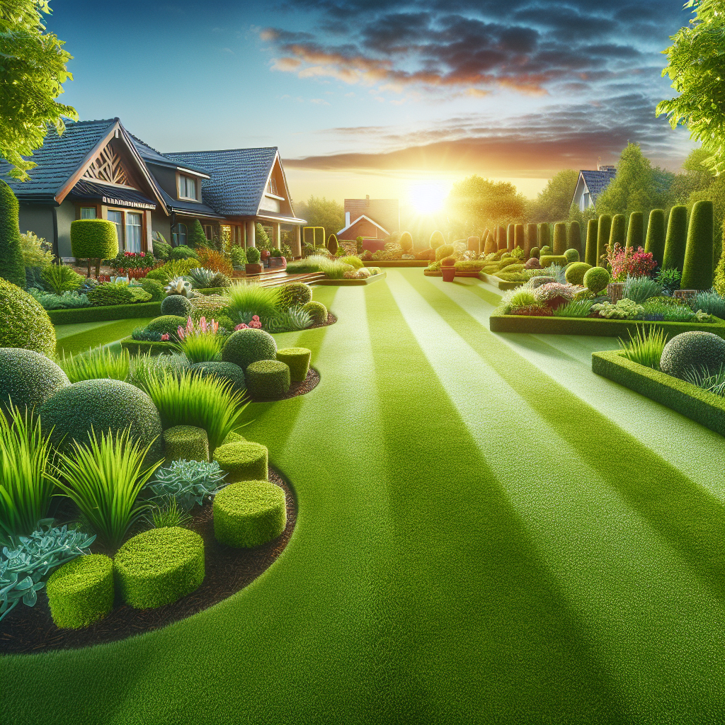 A beautifully manicured vibrant green suburban lawn with ornamental plants, indicating premium lawn care services.