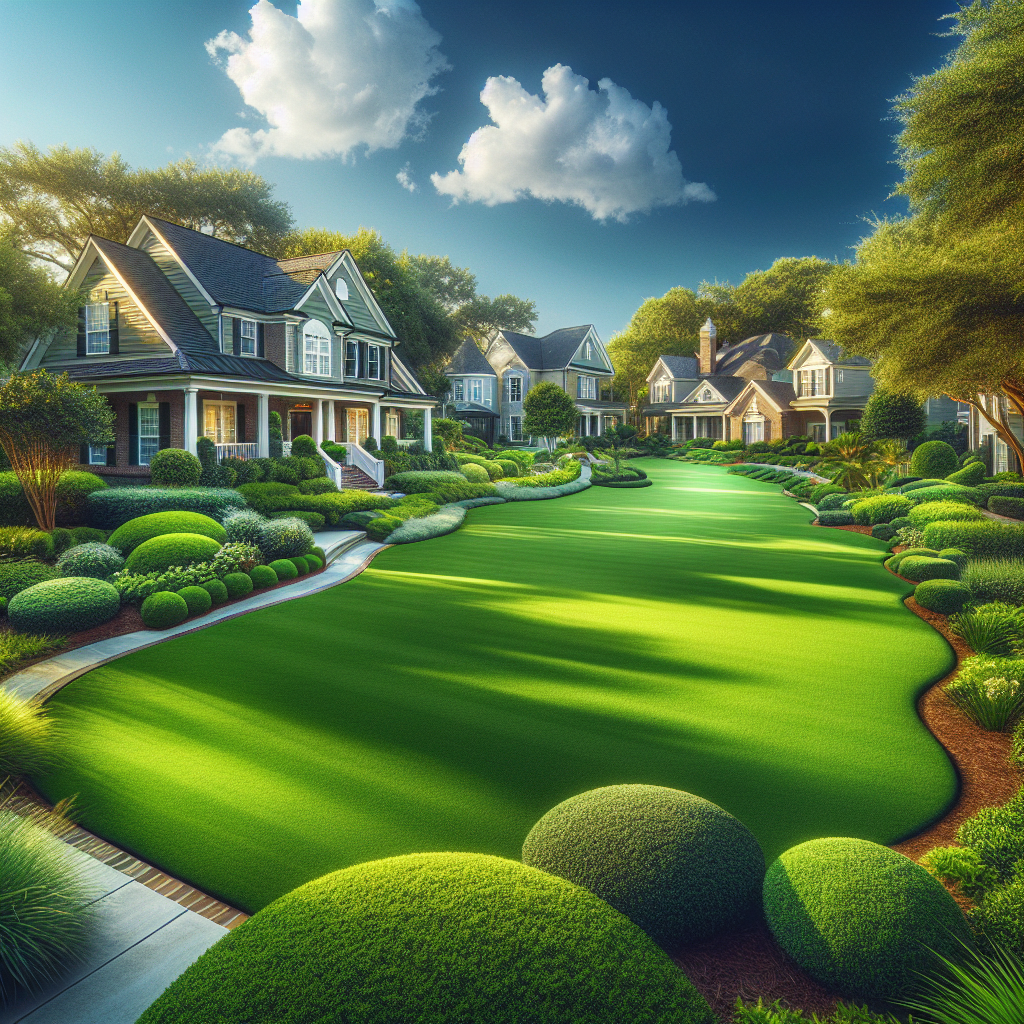 A professionally maintained lush green lawn in Portland, OR with a clear blue sky.