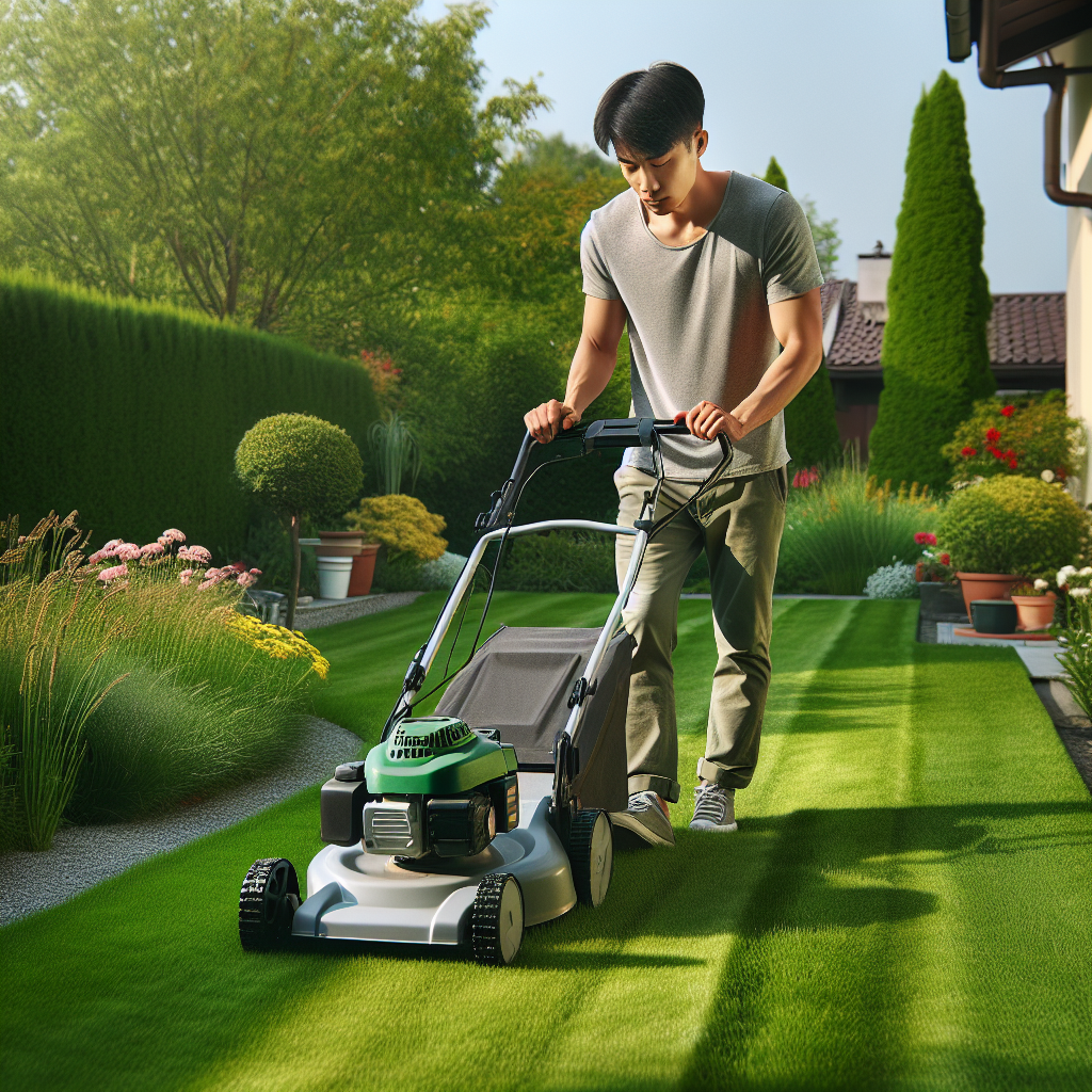 Person mowing a well-kept lawn in a suburban garden, under a clear blue sky.