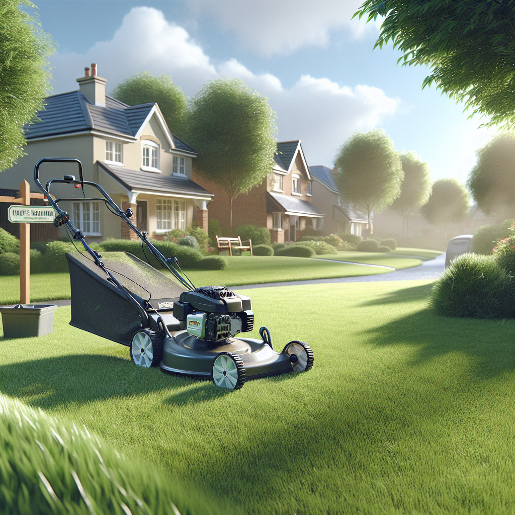 A realistic image of a lawn mowing business in a suburban neighborhood based on the reference URL.