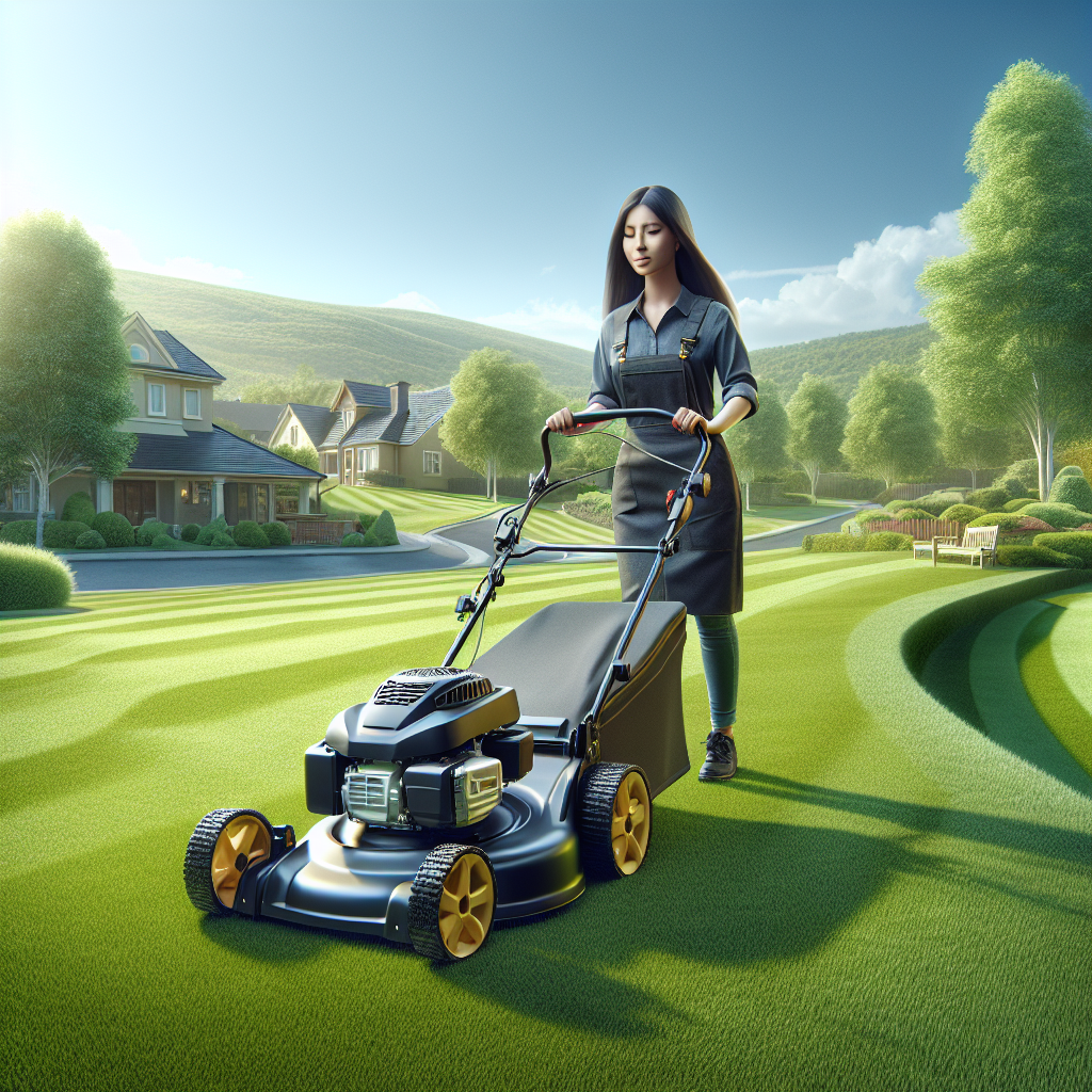 A professional lawn mowing service with a modern lawn mower on a well-maintained lawn.