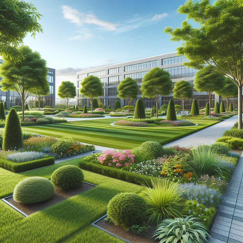 A realistic depiction of commercial landscaping with well-maintained lawns, greenery, and vibrant flower beds.