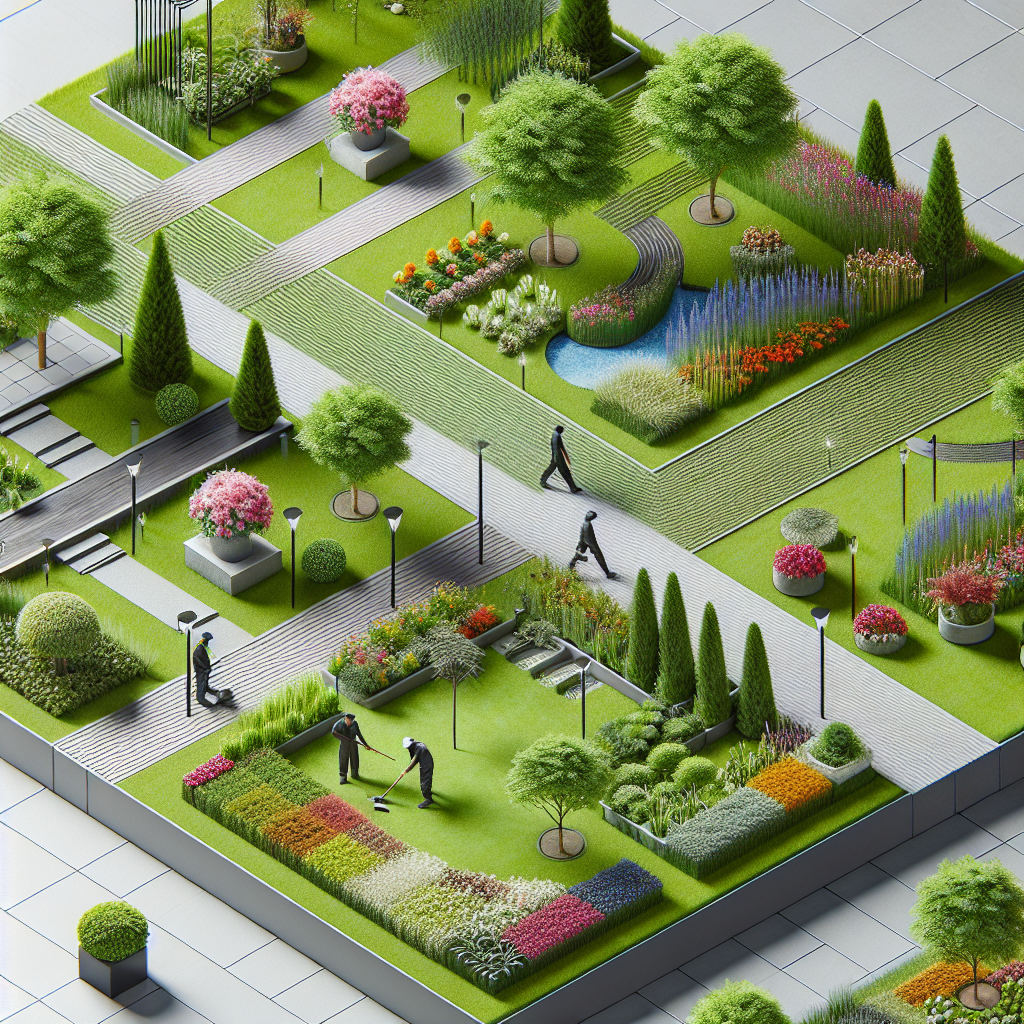 A realistic depiction of commercial landscaping with gardens, lawns, and pathways.