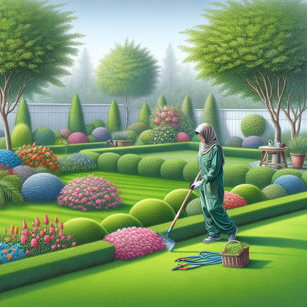 A realistic depiction of a beautiful and well-maintained lawn with a gardener at work.