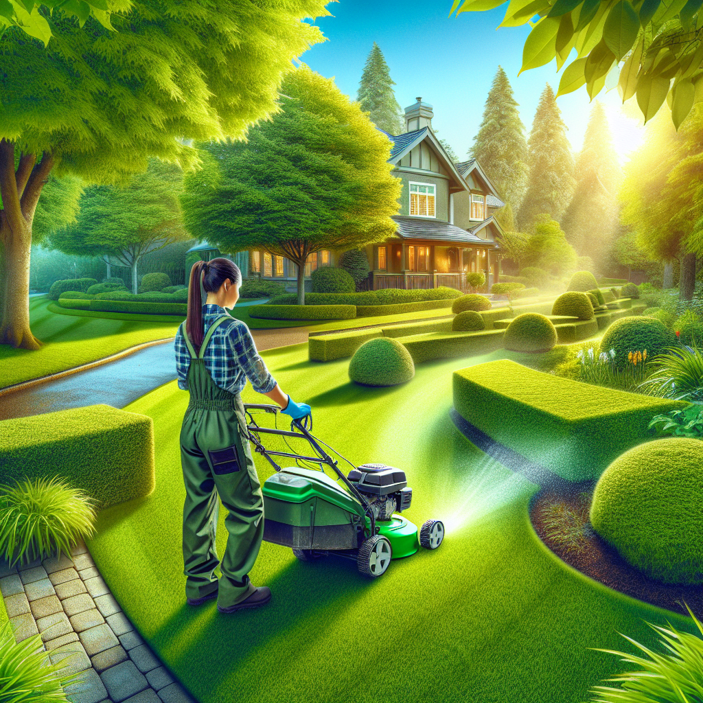 A realistic image of a well-maintained lawn with a lawn care professional and suburban house in the background.