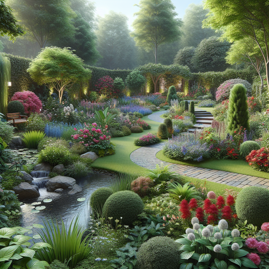 A realistic landscape design with flowers, greenery, and a serene pathway.