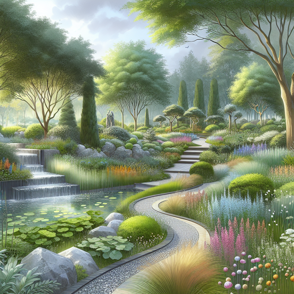 An illustration of a beautifully designed realistic landscape garden.