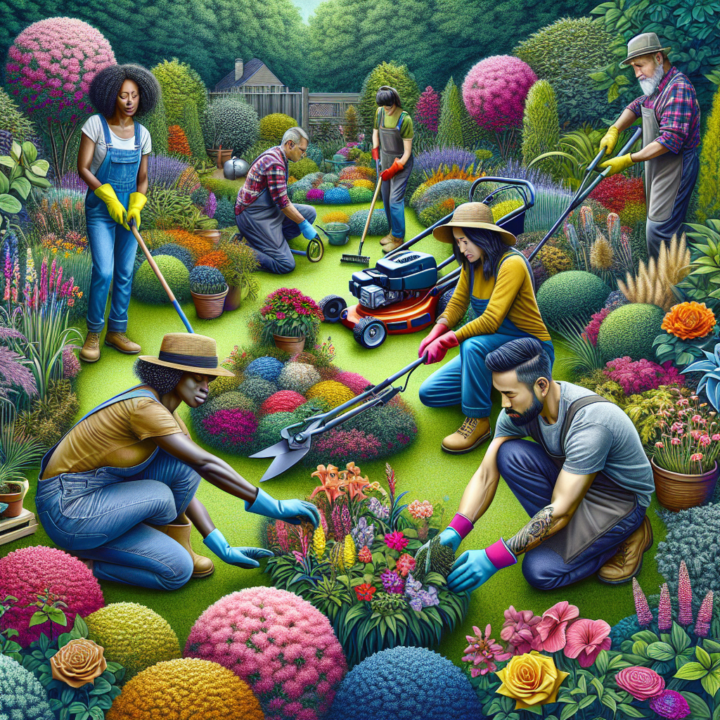 Realistic image of local landscapers working in a lush garden.