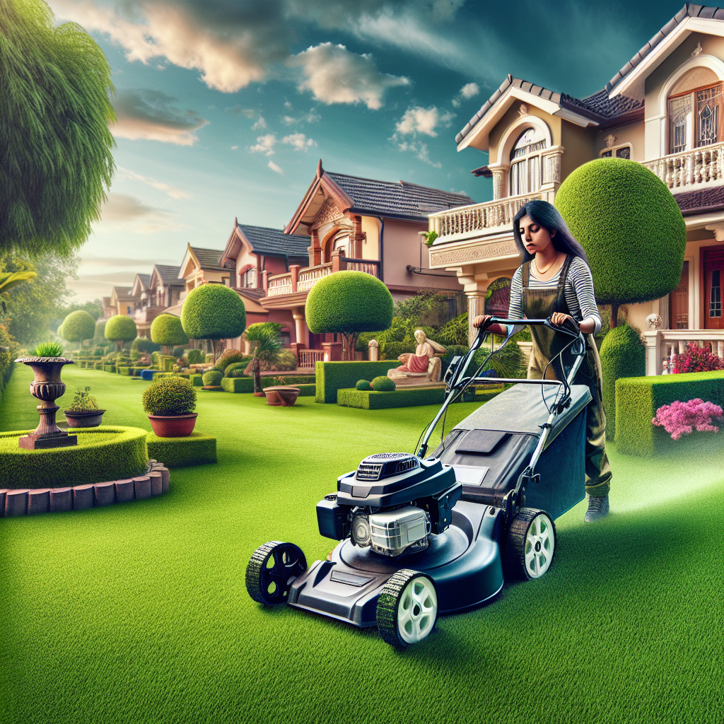 A realistic image of a local lawn mowing service in action, showcasing a well-maintained lawn in a suburban neighborhood.