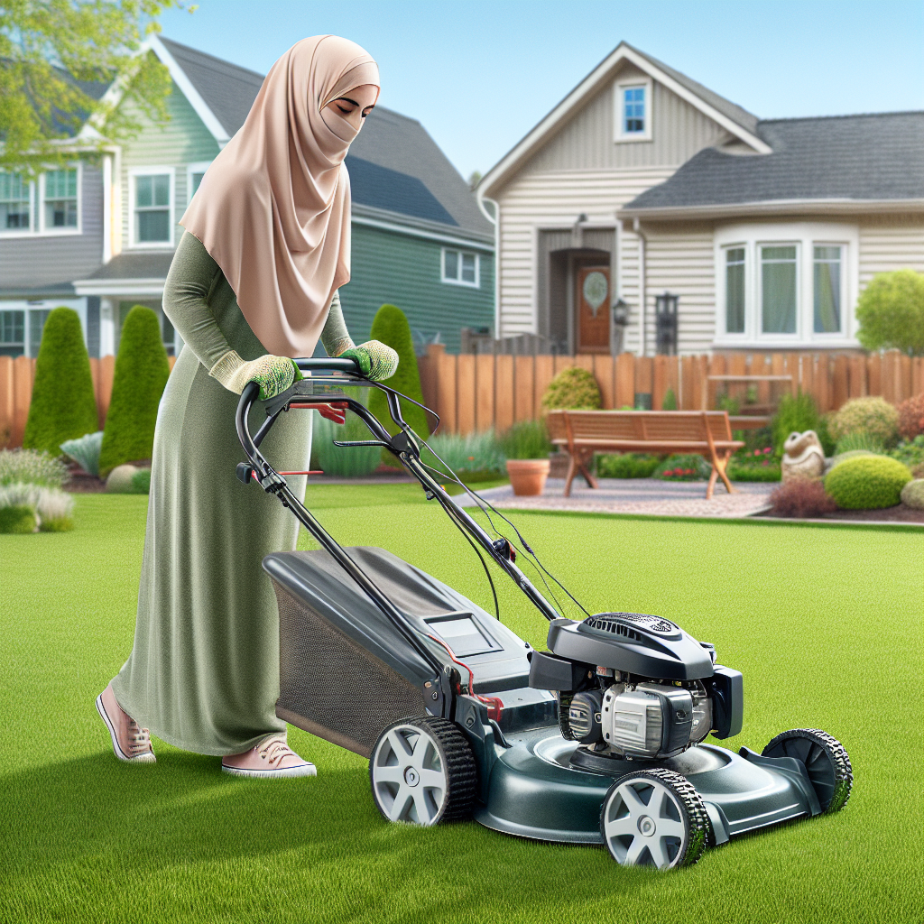 A realistic image of a person mowing a lawn in a suburban area with a detailed lawn mower and a lush green lawn.