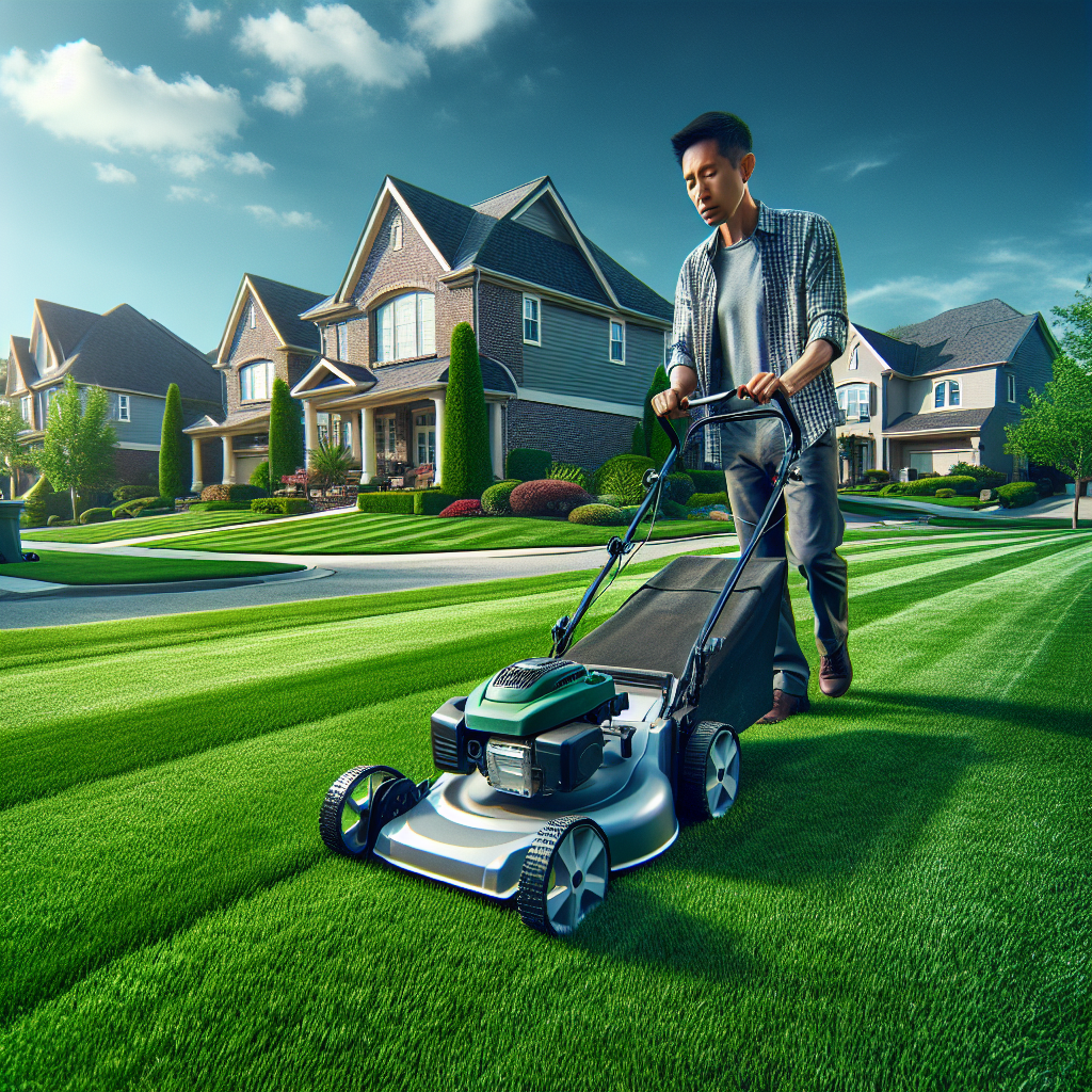 A well-maintained lawn being mowed in a suburban neighborhood.