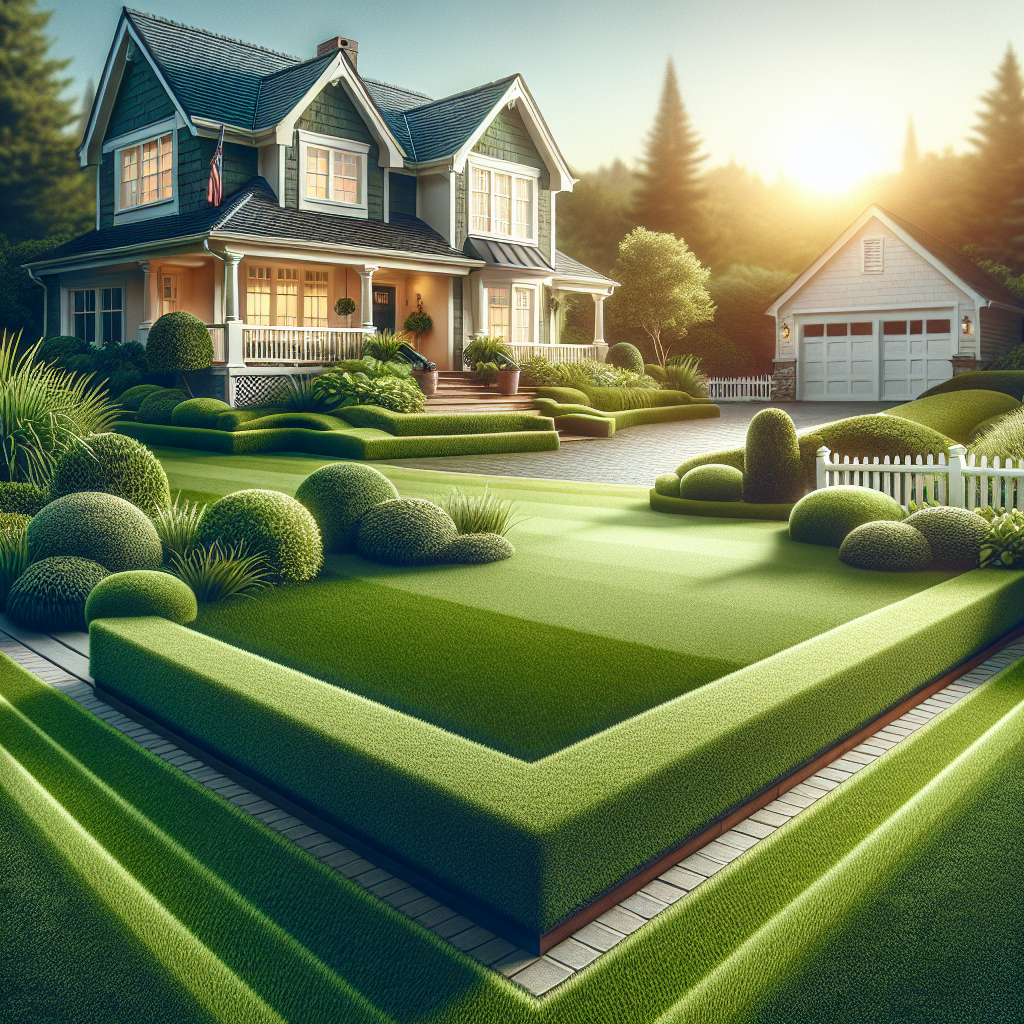 A well-maintained, freshly mowed lawn in front of a suburban house, illustrating high-quality lawn care.