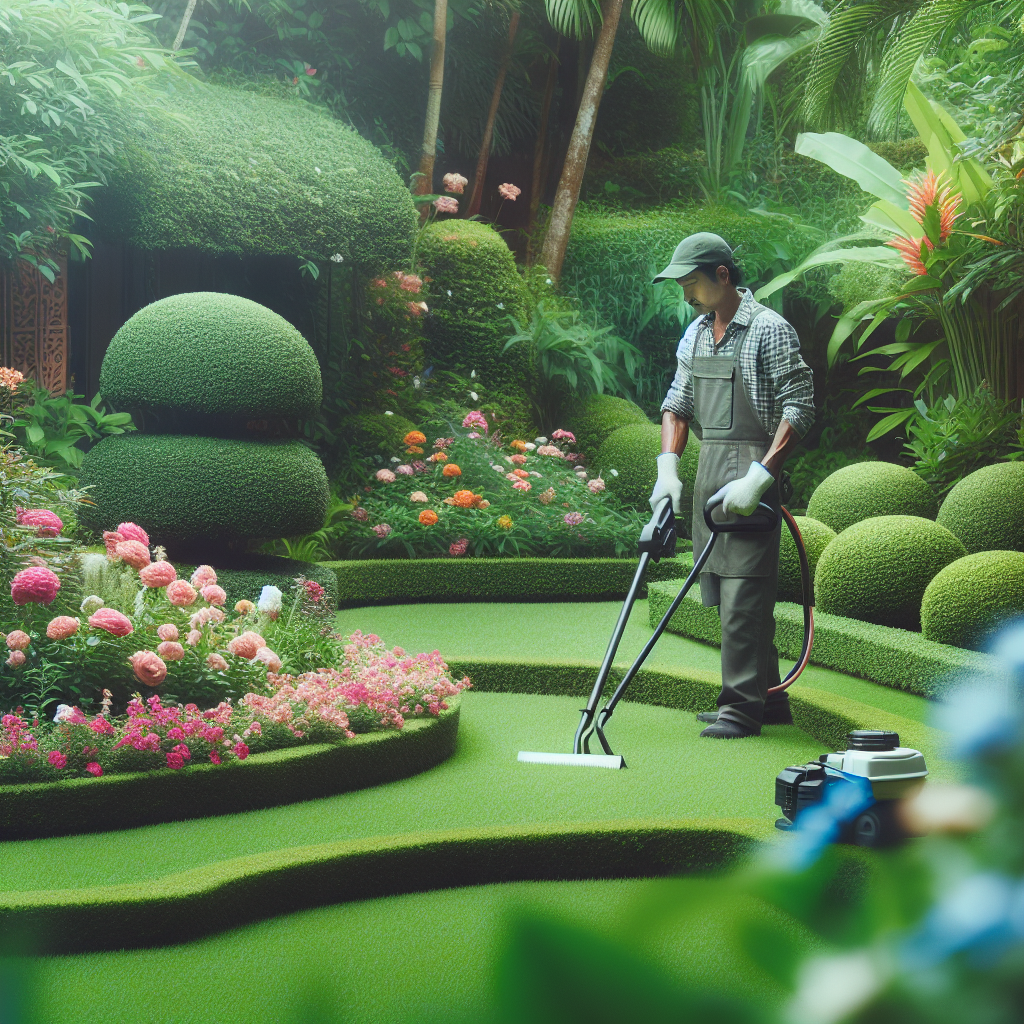 A realistic image of a well-maintained lawn with blooming flowers and a gardener using professional lawn care equipment.