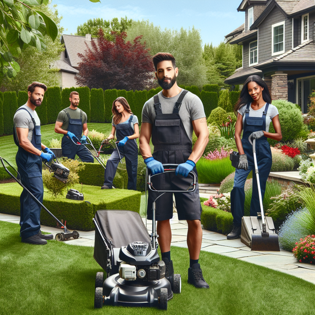 Full-service lawn care team working in a suburban yard.