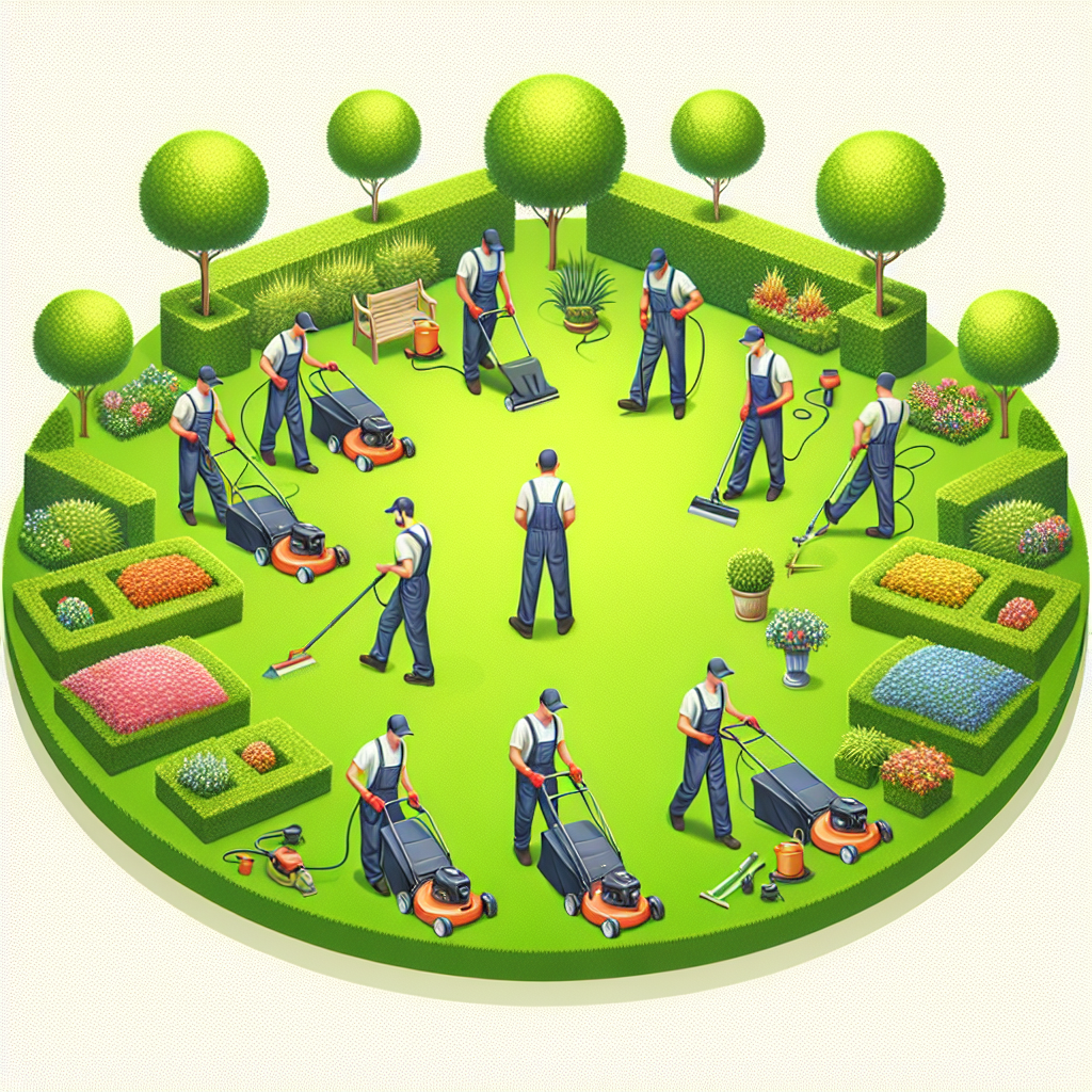 Realistic full-service lawn care with workers mowing lawn, trimming hedges, and planting flowers.